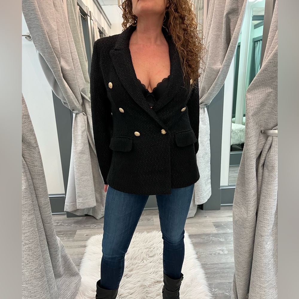 Line & dot black tweed blazer with gold buttons